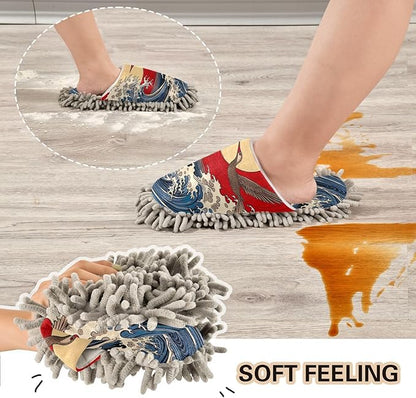 Microfiber Cleaning Slippers Japanese Sea Wave Washable Mop Shoes Slipper for Men/Women House Floor Dust Cleaner, Size M
