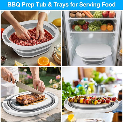 Collapsible Wash Basin, 7.5L Dish Tub Sink Basin Folding Dish Pans for Kitchen Sink, 2-in-1 Dishpan + Cutting Board, Portable Sink Dish Basin for Camping BBQ Prep Tub Washing Bin Bucket with Lid