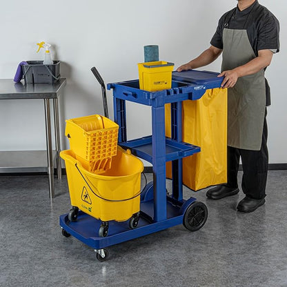 Restaurantware-Clean Tek Professional Janitor Cart with Wheels, 1 Cleaning Trolley with Cover and 18 Gallon Bag - 3 Shelves, Heavy-Duty, Blue Plastic Commercial Janitorial Cart, for Restaurants