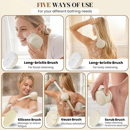 Electric Back Scrubber, Automatic Rotating Exfoliating Massage Bath Brush, Rechargeable, 2 Speed Settings for Cleansing, Exfoliating, and Massaging Skin. (Khaki)