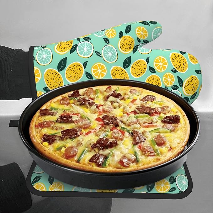 Lemon Pot Holders and Oven Mitts - Summer Teal Lime Refreshing Oven Glove Hot Pads for Kitchen Chef Gifts for Cooking Lover Cooks