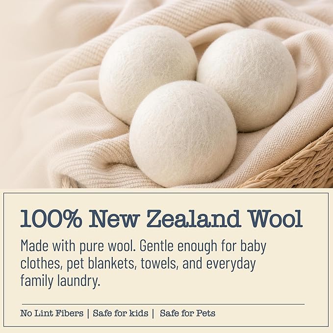 Wool Dryer Balls - 6 Pack - 100% New Zealand Wool Natural Fabric Softener – Reusable, Chemical Free, Reduces Drying Time