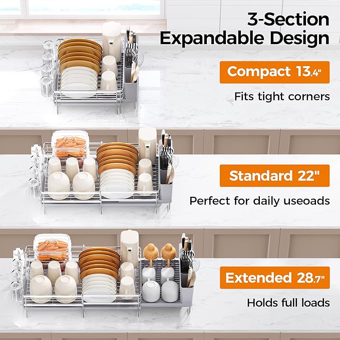 Delamu Stainless Steel Dish Drying Rack, Expandable Dish Drainer, Anti-Rust Large Dish Racks for Kitchen Counter, Dish Strainers with Drainboard, Utensil & Cup Holder, 13.4"-28.7" L x 11.8" W, Grey