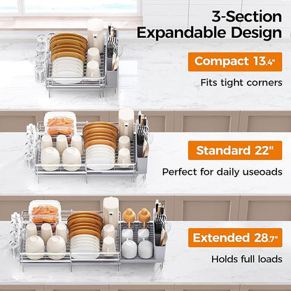 Delamu Stainless Steel Dish Drying Rack, Expandable Dish Drainer, Anti-Rust Large Dish Racks for Kitchen Counter, Dish Strainers with Drainboard, Utensil & Cup Holder, 13.4"-28.7" L x 11.8" W, Grey