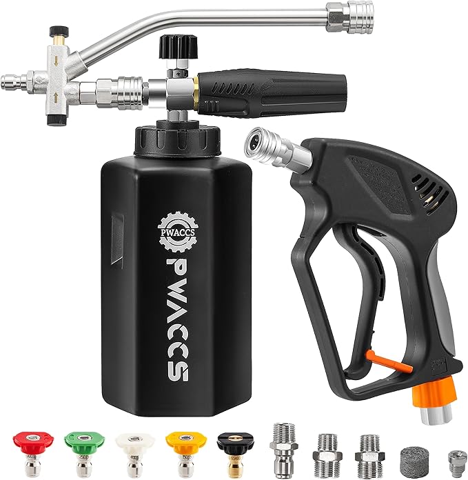 PWACCS Dual Foam Cannon with Pressure Washer Short Gun, Dual Connector Accessory, Car Wash Foam Gun Kit with 1/4" Quick Connector, 5 Sprayer Nozzles, 1.5 Liter, 5000 PSI