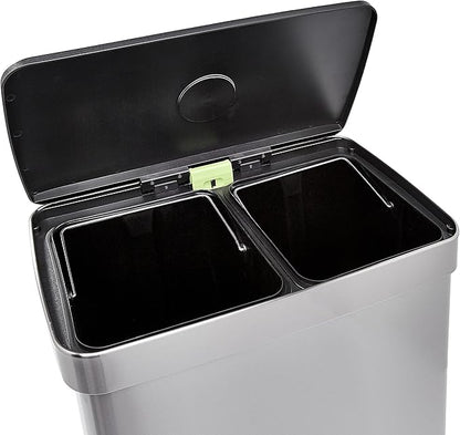 Amazon Basics Dual Compartment Recycling Trash Can with Soft-Close Lid, Fingerprint Resistant, Removable Liner Buckets, 60 Liters, Rectangular, Grey, Silver