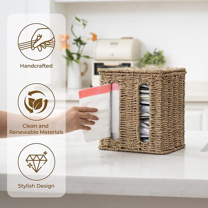StorageWorks Garbage Bag Dispenser with Lid, Wall Mount Seagrass Plastic Bag Holder for Kitchen, Cabinet, Countertop, 2 Slots