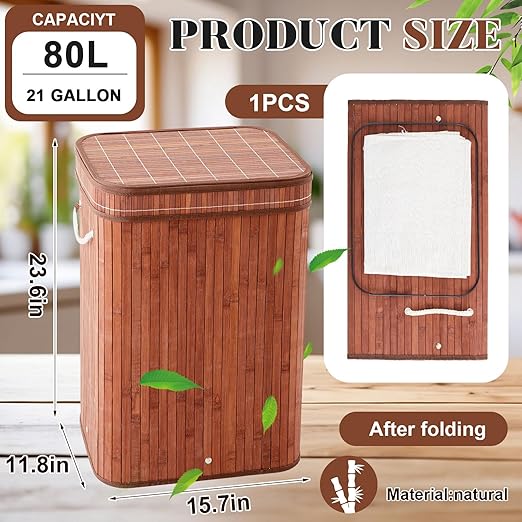 1 Pack 21 Gallon Bamboo Slim Trash Can with Lid Large Foldable Slim Rectangular Garbage Can Bamboo Waste Basket for Bathroom Bedroom Office Home Salon Spa (Coffee)