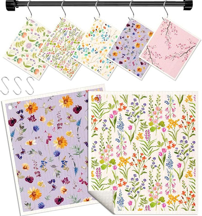 Miss Adola Swedish Dishcloths for Kitchen with Hooks - Reusable Dish Cloths for Washing Dishes Fast Drying Cute Fun 5 Pack Swedish Dish Towels Washable Cleaning Sponge, Elegant Flowers