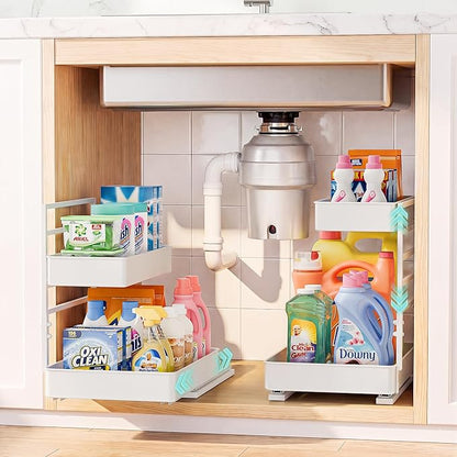 EVERIE Height Adjustable 2 Tier Metal Pull Out Slide Shelf Organizer for Framed or Frameless Under Sink Cabinets in Kitchen, Bathroom, with Snap-on Top Tray (White, 2 Sets)