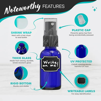 Nevlers Blue Glass Small Spray Bottle 1 Oz 48 Pack | Leakproof Glass Spray Bottles for Cleaning & More | Mini Spray Bottle Set w/Shrink Wrap, Funnel, Brush & Labels | Perfume Travel Refillable Bottles