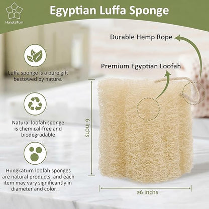 4 Pack HungkaTurn Natural Egyptian Loofah Body Scrubber, 100% Organic Luffa Exfoliating Sponge for Men&Women, Gentle Skin Cleansing Shower Scrubber for Radiant Smooth Skin, Large Spa-Grade Body Loofa.