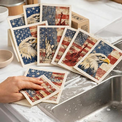Tegeme 8 Pcs Patriotic Swedish Dishcloth 4th of July Red White Blue Swedish Dish Cloth 250 Anniversary American Flag Eagle Kitchen Dish Towel Absorbent Cotton Reusable for Independence Day Home Party