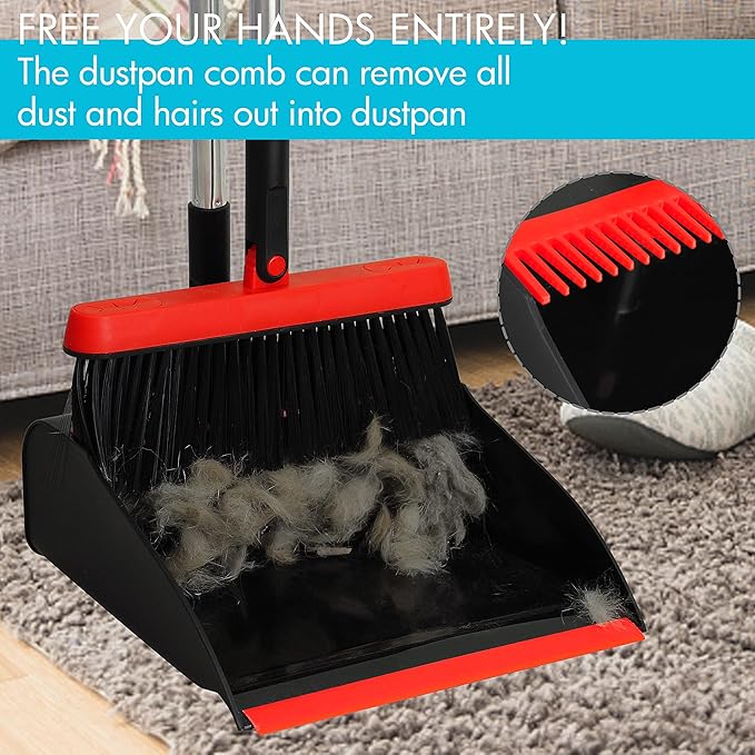 2-Pack Broom and Dustpan Combo Set, with 48" Adjustable Long Stainless Handles, Stand Up Dustpan with Self-Cleaning Teeth, Ideal for Home, Office, Kitchen, Indoor & Outdoor Use, Black