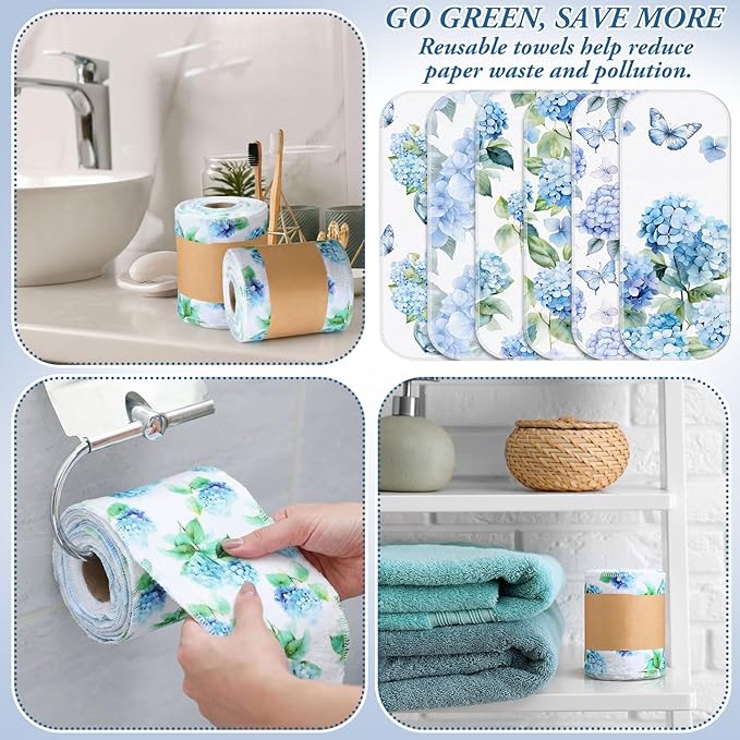 FuWeave 60 Pack Reusable Toilet Paper Washable Soft Bidet Towels Bulk Gifts Paperless Rolls Flannel Cotton 12'' x 4.3" Family Cloth Wipes Bathroom Napkins with Cardboard (Hydrangea)
