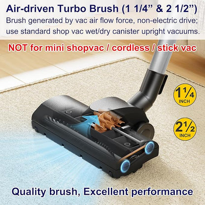 Portek Air-Driven Turbo Brush Attachment for Shop Vac Wet Dry Vacuum Cleaners, 1-1/4 and 2-1/2 Inch, Non-Electric Floor Head for Pet Hair and Debris Removal from Carpets Area Rugs Hard Floors