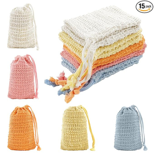 15 Pcs Sisal Soap Bag, Natural Soap Saver Pouch and Bar Soap Bags, Colorful Soaps Holder with Drawstring for Foaming and Drying The Soap Shower Bath Exfoliating Exfoliation(5 Colors)