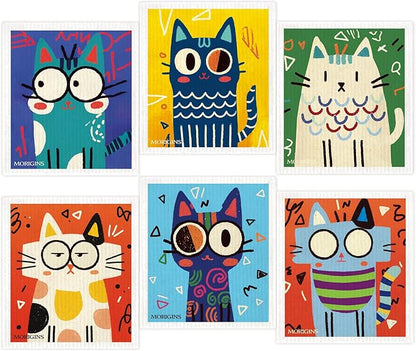 Cute Cat Series Swedish-Style Dishcloths 6-Piece Set Abstract-Style Colorful Cat Reusable Absorbent Towels Ideal for Kitchens, Bathrooms, and Countertop Cleaning Cellulose Sponge Cloths
