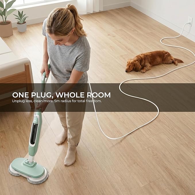 Steam Mop, All-in-One Steam and Scrub Hard Floor Cleaner with LED Headlights, 450ml Tank, 4 Soft Pads, Dual Power, Swivel Steering for Hardwood, Tile and Laminate