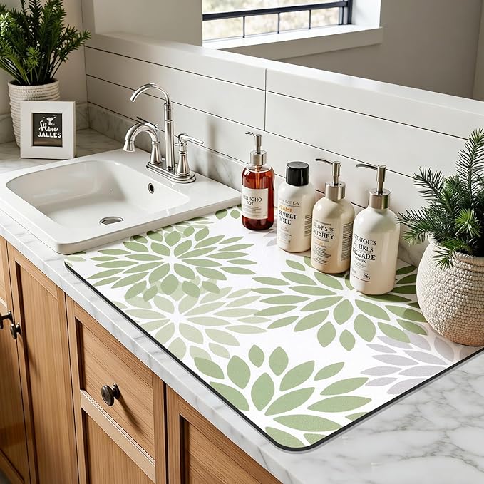 Findosom Floral Dish Drying Mat, 18" x 24" Super Absorbent & Hide Stain Coffee Mat, Cuttable Drying Mat for Kitchen Counter, Under Dish Rack, Coffee Maker, Espresso Machine, Sage Green