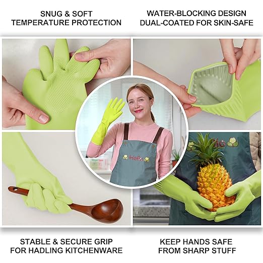 DABOGOSA Reusable Waterproof Household Dishwashing Cleaning Rubber Gloves, Non-Slip Kitchen Glove (Green, Medium (Pack of 3))