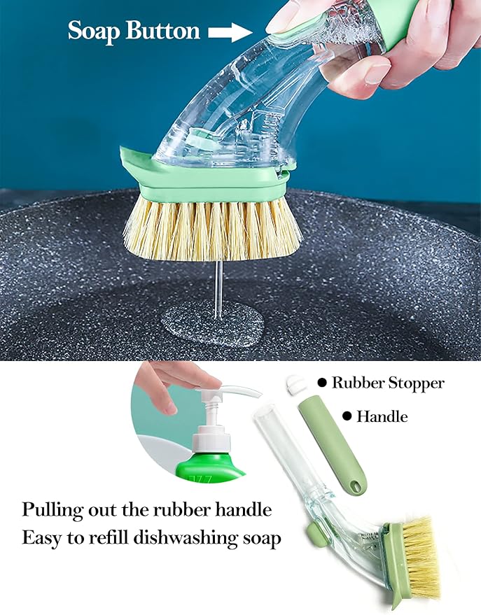 DAJOOEE Dish Brush with Soap Dispenser, Green, Nylon Bristles, Iron and Silicone Handle, 3 Replacement Heads, Kitchen Cleaning Brush