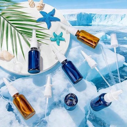 10 Pcs Nasal Spray Bottle, 1OZ/30ML Blue Brown Glass Empty Nasal Spray Bottles Refillable with 2Pcs Funnels and 2Pcs Labels