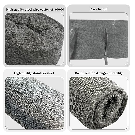 Steel Wool Mice Control - 3 Pack 2.75in x 13ft & 1 Pack Wire Mesh 5in x 15ft, Gap Filler for Pipes Home Garage Garden, DIY Kit with Gloves, Scissors and Wooden Stick