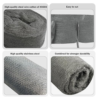 Steel Wool Mice Control - 3 Pack 2.75in x 13ft & 1 Pack Wire Mesh 5in x 15ft, Gap Filler for Pipes Home Garage Garden, DIY Kit with Gloves, Scissors and Wooden Stick