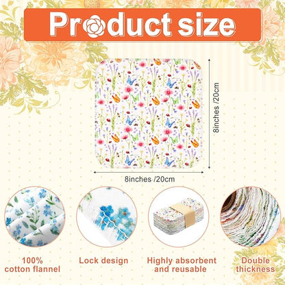 Kinlop 24 Pcs Summer Lunchbox Cloth Napkins Bulk Reusable 2 Ply 8" x 8" Cotton Paper Towels Floral Style Flannel Wipes Washable Sturdy Absorbent Cloth Placemats for Dining Home Party