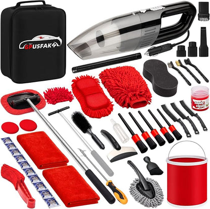 47Pcs Car Wash Cleaning Kit with High Power Handheld Vacuum Windshield Cleaning Tool with Side Mirror Squeegee Bucket Detailing Brushes Tire Brush Towels Complete Detailing Set for Car