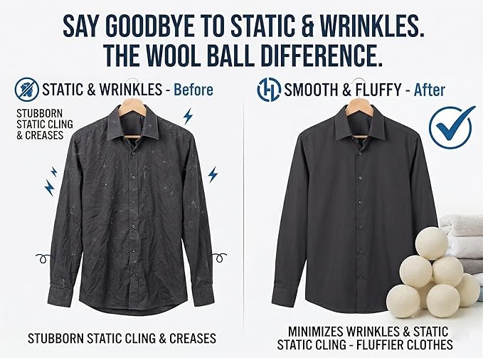 XL Wool Dryer Balls (6-Pack) - 100% Organic New Zealand Wool Laundry Balls for Dryer - Natural Fabric Softener & Reusable Anti Static Solution to Reduce Wrinkles & Shorten Drying Time
