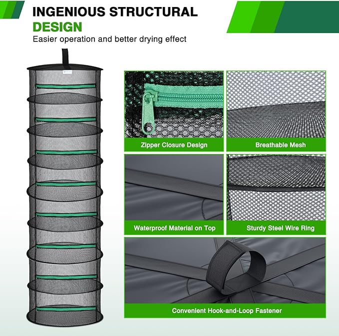 Yesker 8 Layer Herb Drying Rack Hanging Mesh Net Foldable Plant Drying Racks 24" Diameter with Green Zipper & Hook Dryer Hanging Rack for Herbs Seed Bud Fruit Clothes Grow Tent Closets Garden Outdoor