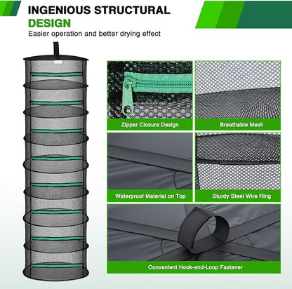 Yesker 8 Layer Herb Drying Rack Hanging Mesh Net Foldable Plant Drying Racks 24" Diameter with Green Zipper & Hook Dryer Hanging Rack for Herbs Seed Bud Fruit Clothes Grow Tent Closets Garden Outdoor