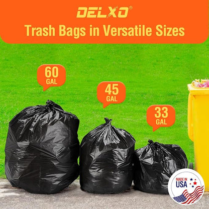Delxo 30-33 Gallon Trash Bags, 5000 Count – 0.6 Mil Medium Duty Garbage Bags, Durable Plastic Bolsas para basura, Perforated Design– Made in USA for Kitchen, Yard, Office (Black)