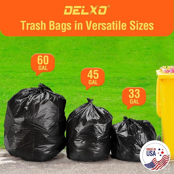 Delxo 30-33 Gallon Trash Bags, 21000 Count – 0.6 Mil Medium Duty Garbage Bags, Durable Plastic Bolsas para basura, Perforated Design– Made in USA for Kitchen, Yard, Office (Black)