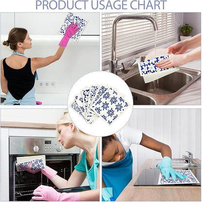 Cunhill 6 Pcs Swedish Kitchen Dish Cloths Kitchen Towels Reusable Sponge Cleaning Cloths Wipes Absorbent Dish Cloth Quick Drying Decor (Blue Leaves)