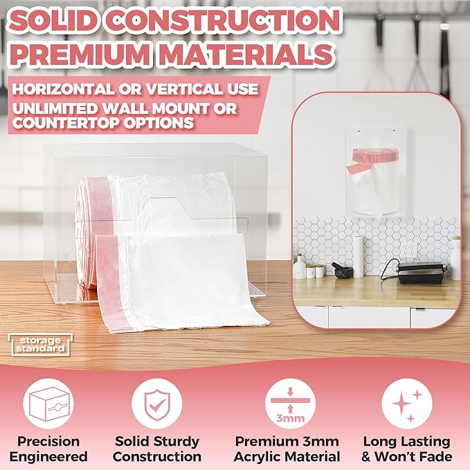 Storage Standard Trash Bag Holder Dispenser 10.5'' x 7'' x 7''- Acrylic Bags Dispensing Roll Organizer Holder, Garbage Liner Holder for Cabinet & Under Sink – Box Has Open Side Design