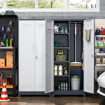 Metal Storage Cabinet 72" Tall, Garage Storage Cabinet with Lockable Doors & Shelves, Utility Broom Closet, Steel Tool Cabinet for Garage, Laundry Room, Home Office, Grey/White