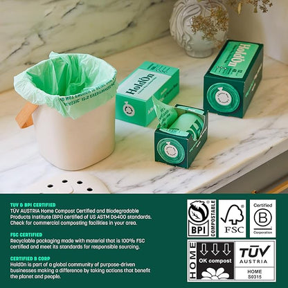 HoldOn Household Staples Set – Heavy duty, PFOA-Free, Compostable 13-Gallon Tall Kitchen Trash Bags, 4-Gallon Small Trash Bags, Gallon ZipSeal Bags and ZipSeal Sandwich Bags