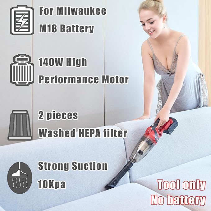 Cordless Wet/Dry Vacuum for Milwaukee Battery,4 Multi Nozzle, 2 HEPA Filter,Handheld Vacuum Cleaner for Workshop & Home Use, Bare Tool (Battery Not Included)