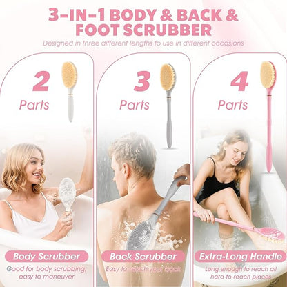 Foot Brush & Back Scrubber Set, 27.5'' Adjustable Foot Scrubber for Shower, 18.9'' Shower Back Scrubber with 3-Length Usage, Great Aid for People with Limited Mobility(Pink Set)