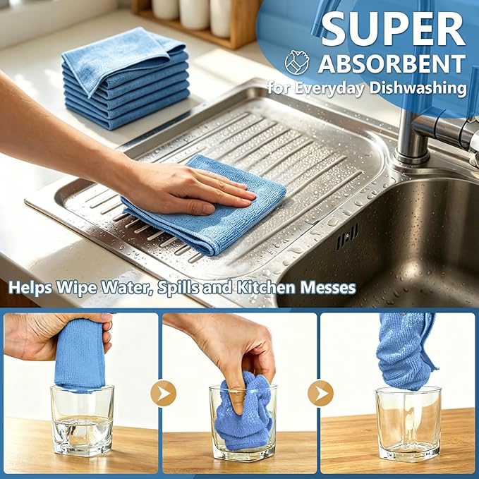 Kitchen Dish Cloths, 12 Pack, 10 x 10 Inches, Super Absorbent Microfiber Dish Towels, Soft Fast Drying Reusable Dish Rags for Washing Dishes, Countertops and Sink, Light Blue
