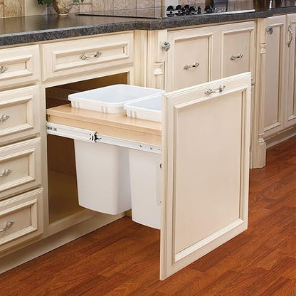 Rev-A-Shelf 35 Qt Top Mount Double Pullout Under Cabinet Kitchen Trash Cans for Base Cabinets, 150 Pound Rated Full-Extension Slides, Min Opening Width of 21", White, 4WCTM-24DM2
