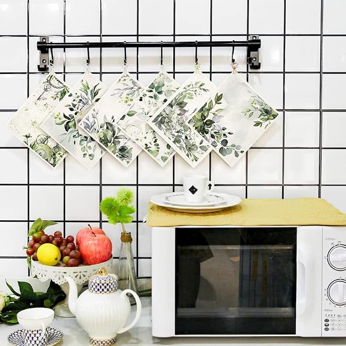 6 Pieces Swedish Kitchen Dishcloths Green Eucalyptus Cleaning Cloths Reusable Absorbent Sponge Cloths Dish Quick Drying Washable Cleaning for Kitchen,Washing,Hand, Counter Wipes