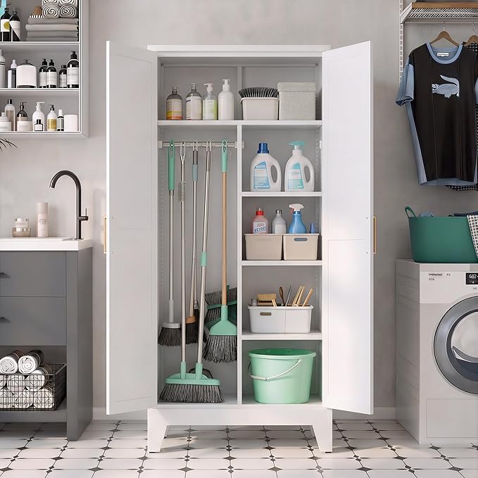 71" H Metal Garage Storage Cabinets,Broom Closet Storage Cabinet,Utility Cabinet,White Storage Cabinets
