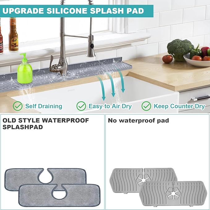 Longer Sink Splash Guard Mat 33 inch, Silicone Faucet Handle Drip Catcher Tray, Longer Silicone Sink Mat for Kitchen Bathroom, Drip Protector Splash Countertop (Grey)