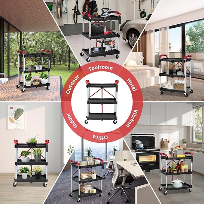 Towallmark Portable Folding Service Cart, 3 Tier Folding Utility Cart, Collapsible Utility Carts for Office, Warehouse, and Home, 56 Lbs Load Capacity per Shelf (Black & Red)