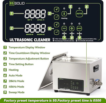 U.S. Solid 15L Ultrasonic Cleaner - 28/40kHz Dual-Frequency Digital Ultrasonic Cleaning Machine with Heater, Timer, and Degas Function