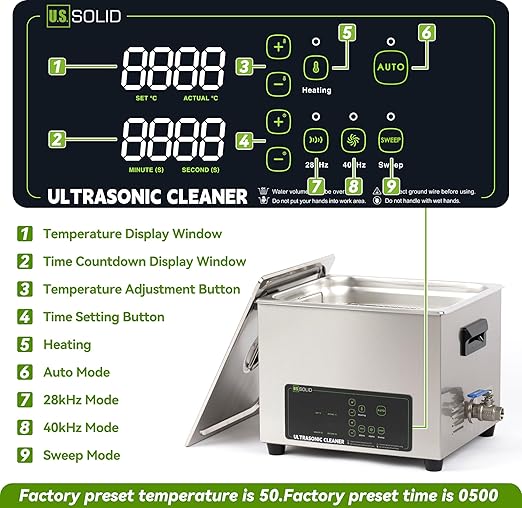 U.S. Solid 10 L Ultrasonic Cleaner - 28/40kHz Dual-Frequency Digital Ultrasonic Cleaning Machine with Heater, Timer, and Degas Function